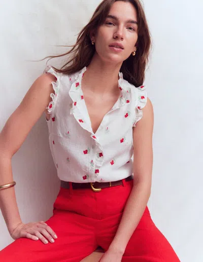 Boden Isabel Embroidered Linen Sleeveless Button-up Shirt In White