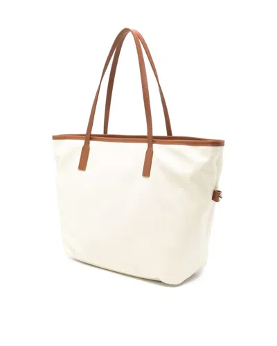 Mc2 Saint Barth Rectangular Tote Bag With Contrasting Brown Handles And White Script Logo In Black