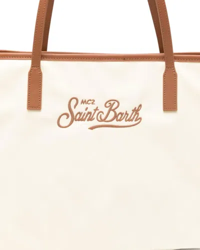 Mc2 Saint Barth Rectangular Tote Bag With Contrasting Brown Handles And White Script Logo In Black
