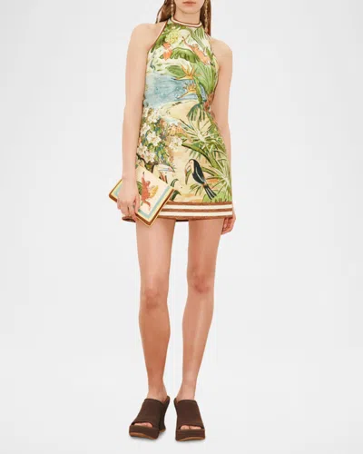 Alemais Toucan Tango Halterneck Printed Organic Cotton Mini Dress In Green