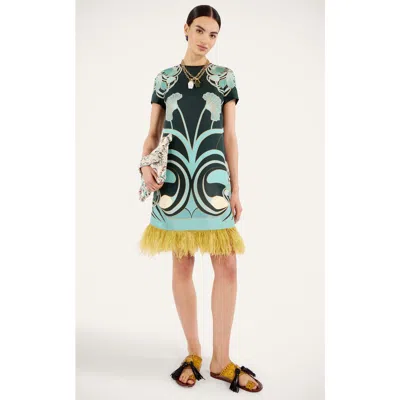 La Doublej Swing Printed Feather-trimmed Silk-twill Mini Dress In Multi