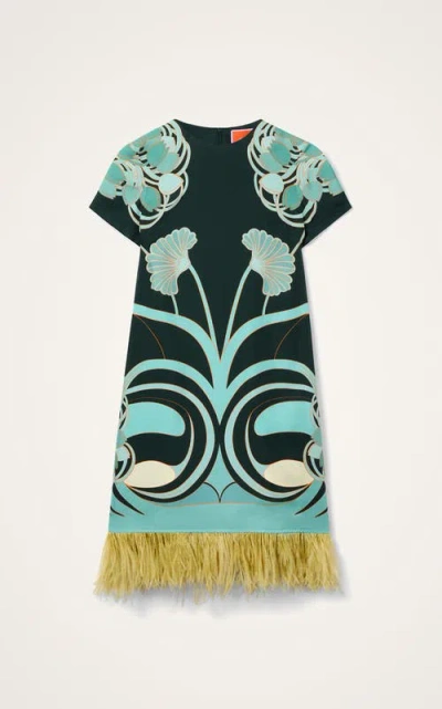 La Doublej Swing Printed Feather-trimmed Silk-twill Mini Dress In Multi