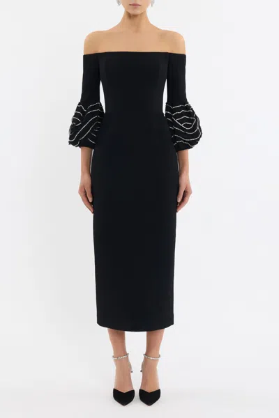 Rebecca Vallance Bellatrix Off-the-shoulder Crystal-embellished Crepe Midi Dress In Black