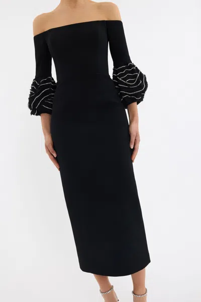 Rebecca Vallance Bellatrix Off-the-shoulder Crystal-embellished Crepe Midi Dress In Black