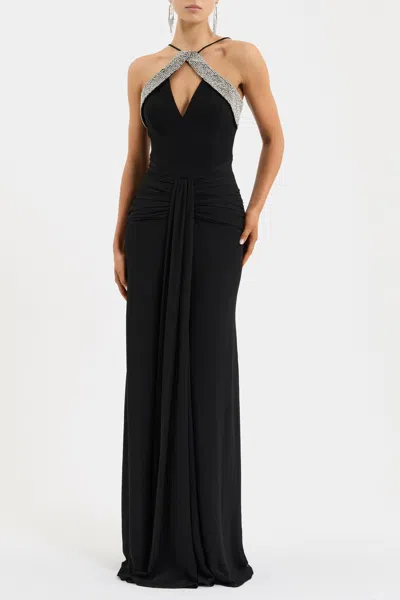 Rebecca Vallance Astros Draped Crystal-trim Halter Gown In Black