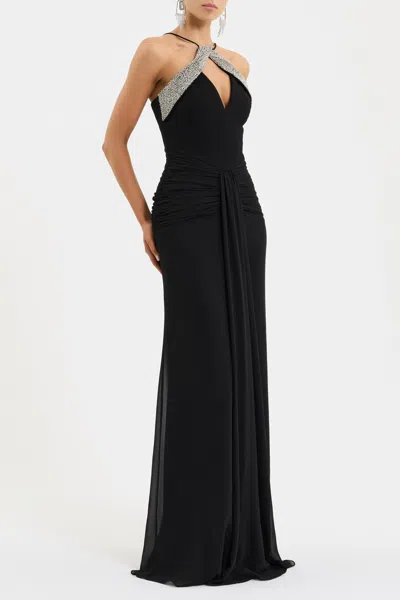 Rebecca Vallance Astros Draped Crystal-trim Halter Gown In Black