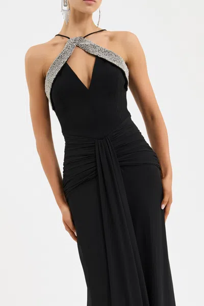 Rebecca Vallance Astros Draped Crystal-trim Halter Gown In Black