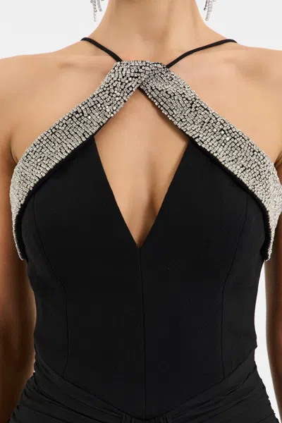Rebecca Vallance Astros Draped Crystal-trim Halter Gown In Black