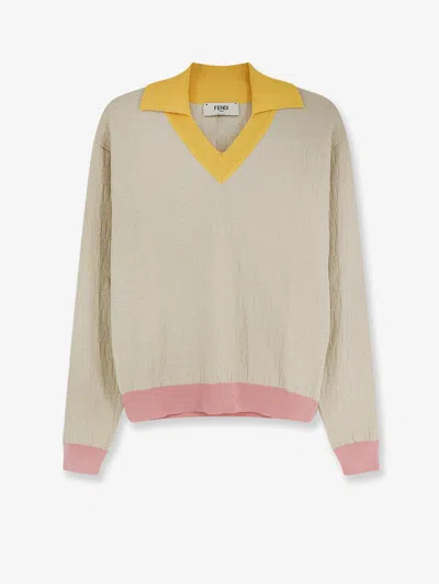 Fendi Knitwear Long Sleeves V Neck Contrasting Collar In Neutral