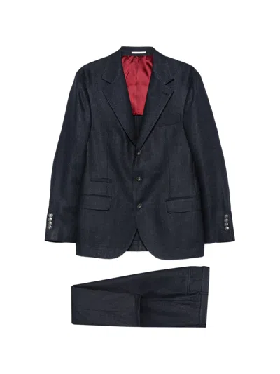 Brunello Cucinelli Men Blue Textured Notched Lapel Suit In Blue