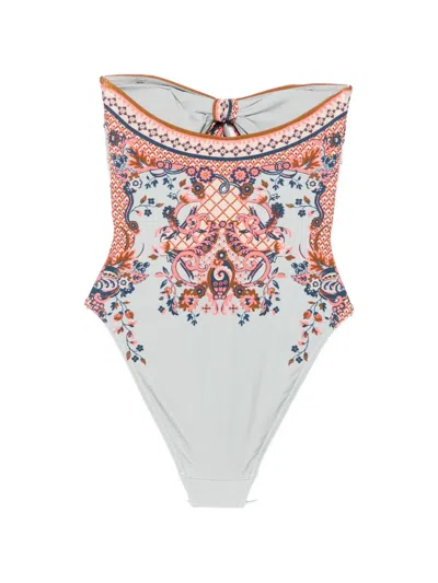 Zimmermann Aster Scarf Tie One-piece Swimsuit Blue Paisley Floral In Pink