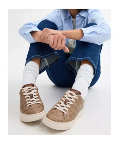 Coach High Line Sneaker In Signature Canvas In Brown Khaki