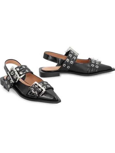 Ganni Womens Black Buckle-embellished Slingback Leather Ballet Flats In Black