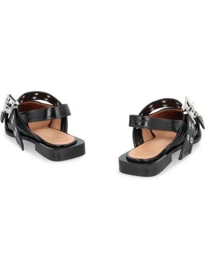 Ganni Womens Black Buckle-embellished Slingback Leather Ballet Flats In Black