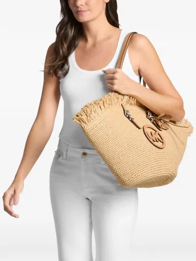 Michael Kors Isa Large Crochet Straw Fan Tote Bag In Neutral