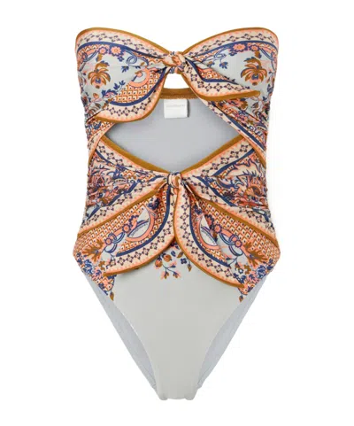 Zimmermann Aster Scarf Tie One-piece Swimsuit Blue Paisley Floral In Multi
