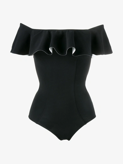 Shop Lisa Marie Fernandez Mira Ruffle Off-shoulder Swimsuit In Black