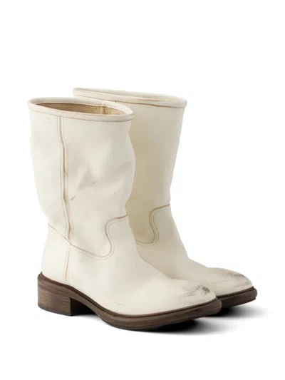 Prada Vintage-effect Leather Boots In Black