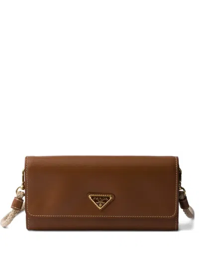 Prada Leather Wallet With Shoulder Strap In Orange