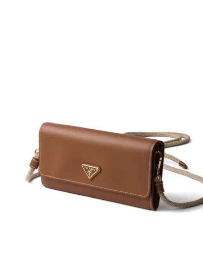 Prada Leather Wallet With Shoulder Strap In Orange