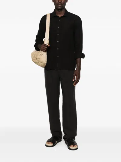 120% Lino Long-sleeve Button-up Shirt In Black