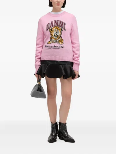 Ganni Graphic Print Long Sleeve Crew Neck Sweater In Pink