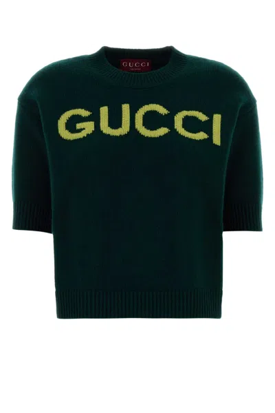 Gucci Women Wool Sweater With Frontal Logo Embroidery In Green