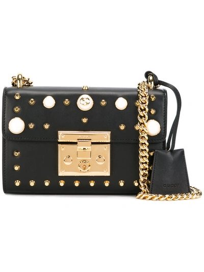 Gucci Padlock Small Faux Pearl-embellished Studded Leather Shoulder Bag In Black