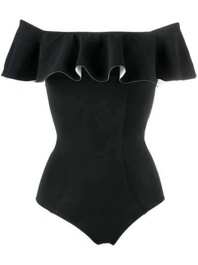 Lisa Marie Fernandez Mira Off-the-shoulder Ruffled Bonded Swimsuit In Black/white