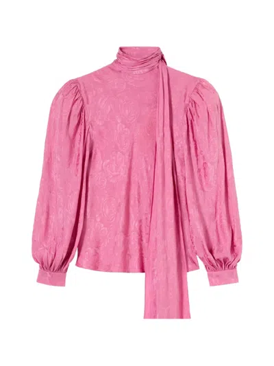 Gucci Silk Twill Shirt Neck Bow Rose Pattern In Pink