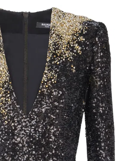 Balmain 오픈 넥 자수 드레스 In Black