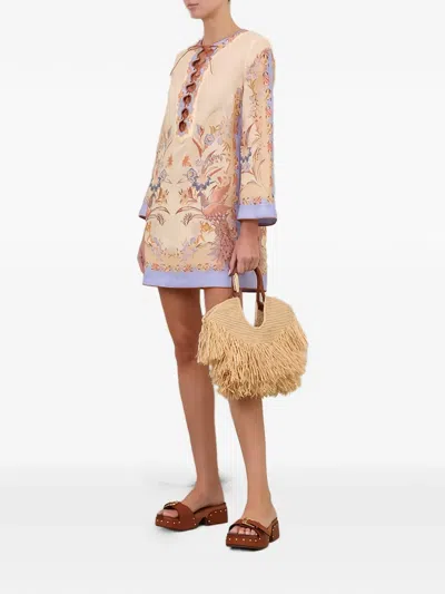 Zimmermann Womens Biscuit Scarf Floral Indra Floral-print Linen Tunic Mini Dress Xs In Multi