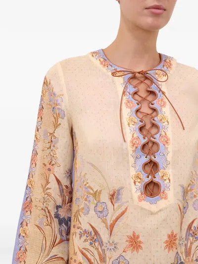 Zimmermann Womens Biscuit Scarf Floral Indra Floral-print Linen Tunic Mini Dress Xs In Multi