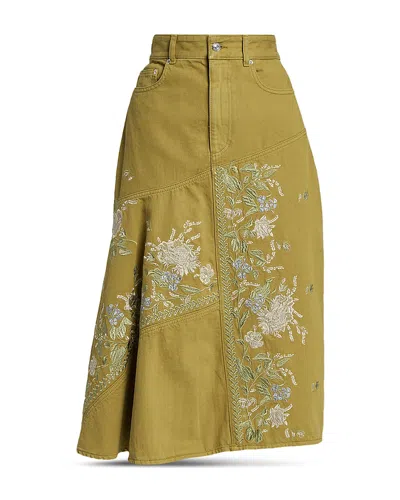 Erdem Embellished Embroidered Denim Midi Skirt In Brown