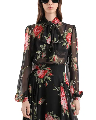 Dolce & Gabbana Rose Bouquet-print Silk Chiffon Neck-tie Blouse In Black