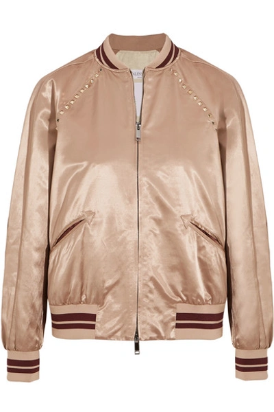 Shop Valentino The Rockstud Embellished Satin Bomber Jacket In Blush