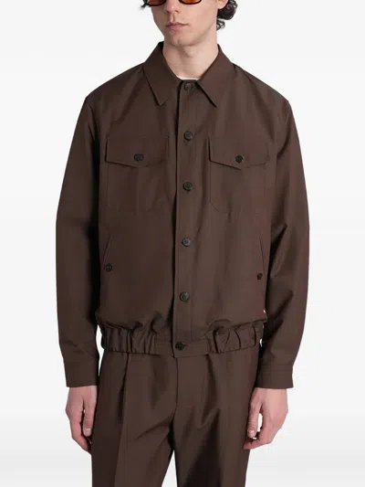 Greyed Elasticated-hem Button-up Jacket In Brown