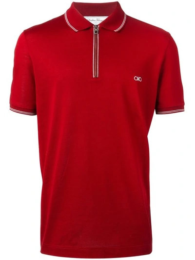 Ferragamo Men's Cotton Piqu&eacute; Zip Polo Shirt With Gancini Chest Embroidery, Red/white