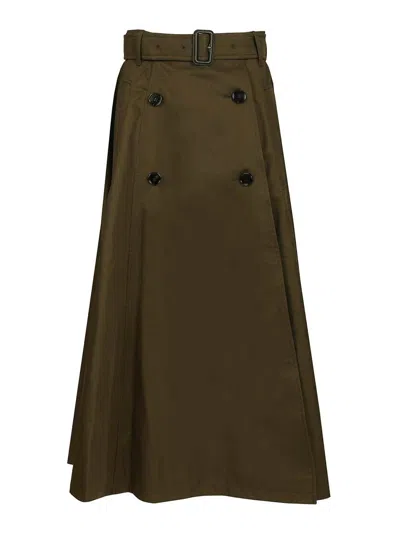 Burberry Women Juniper Green Gabardine Midi Trench Skirt In Brown