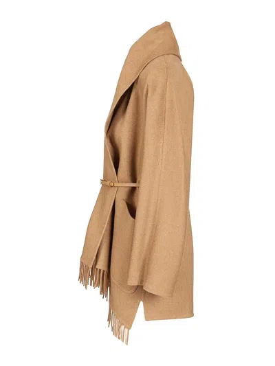Max Mara Abilita Fringed Camel Hair Belted Cape Jacket In Brown