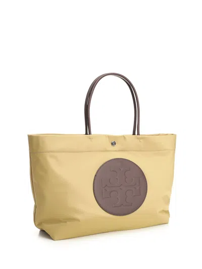 Tory Burch Ella Twist Nylon Shoulder Bag With Maxi Logo Patch On The Front In Nude