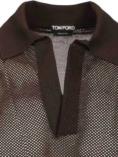 Tom Ford Mens Chocolate Open-collar Mesh Cotton And Silk-blend Polo Top In Brown