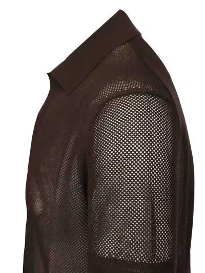 Tom Ford Mens Chocolate Open-collar Mesh Cotton And Silk-blend Polo Top In Brown