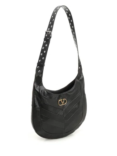 Valentino Garavani Medium Hoboho Bag In Chevron-pattern Nappa In Black