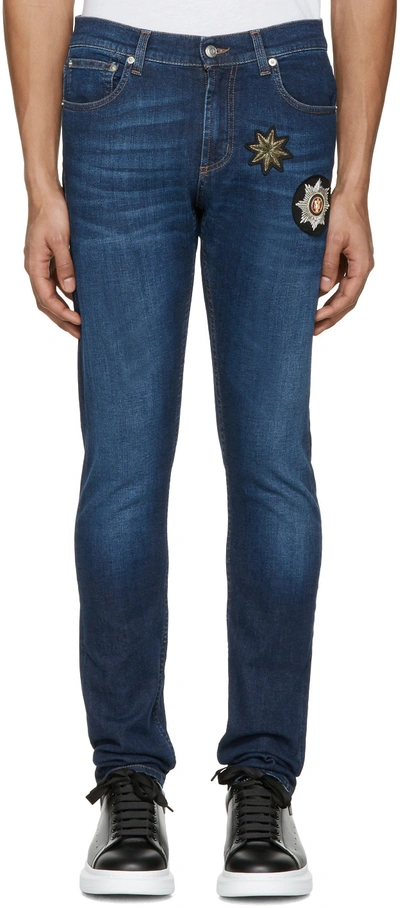 Alexander Mcqueen Slim-fit Appliquéd Stretch-denim Jeans In Blue
