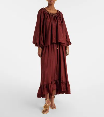 Zimmermann Blouse Aster With Ruffles And Beads In Burgundy