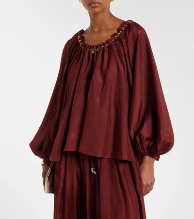 Zimmermann Blouse Aster With Ruffles And Beads In Burgundy