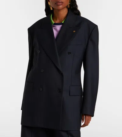 Versace Double-breasted Oversized Virgin Wool Blazer In Blue