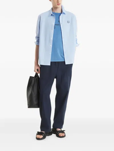 Maison Kitsuné Fox Head Embroidered Long Sleeved Shirt In Blue