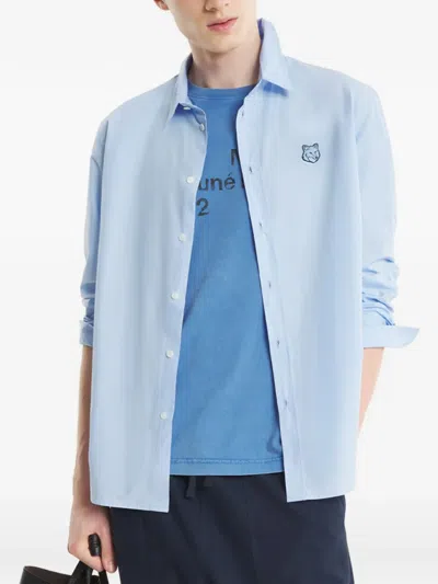 Maison Kitsuné Fox Head Embroidered Long Sleeved Shirt In Blue